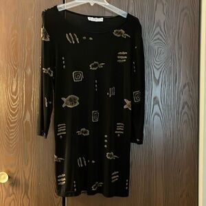 Dressbarn 3/4 sleeved black dress with tan symbols. Size Medium.